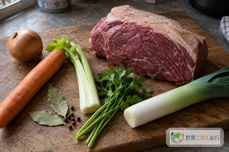 牛かたまり肉、にんじん、セロリ、長ねぎ、皮付き玉ねぎ、ローリエ、粒こしょうを並べた材料