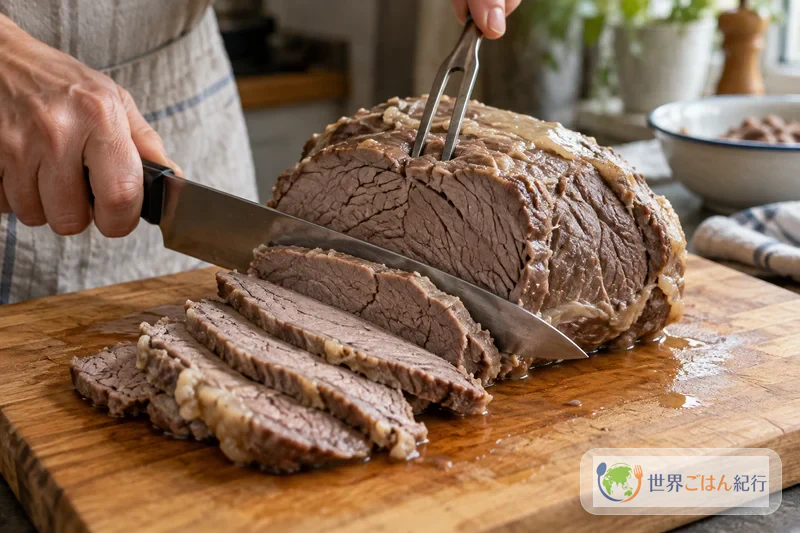 手順6: スープを先に出し、肉を切り分ける(約5分)