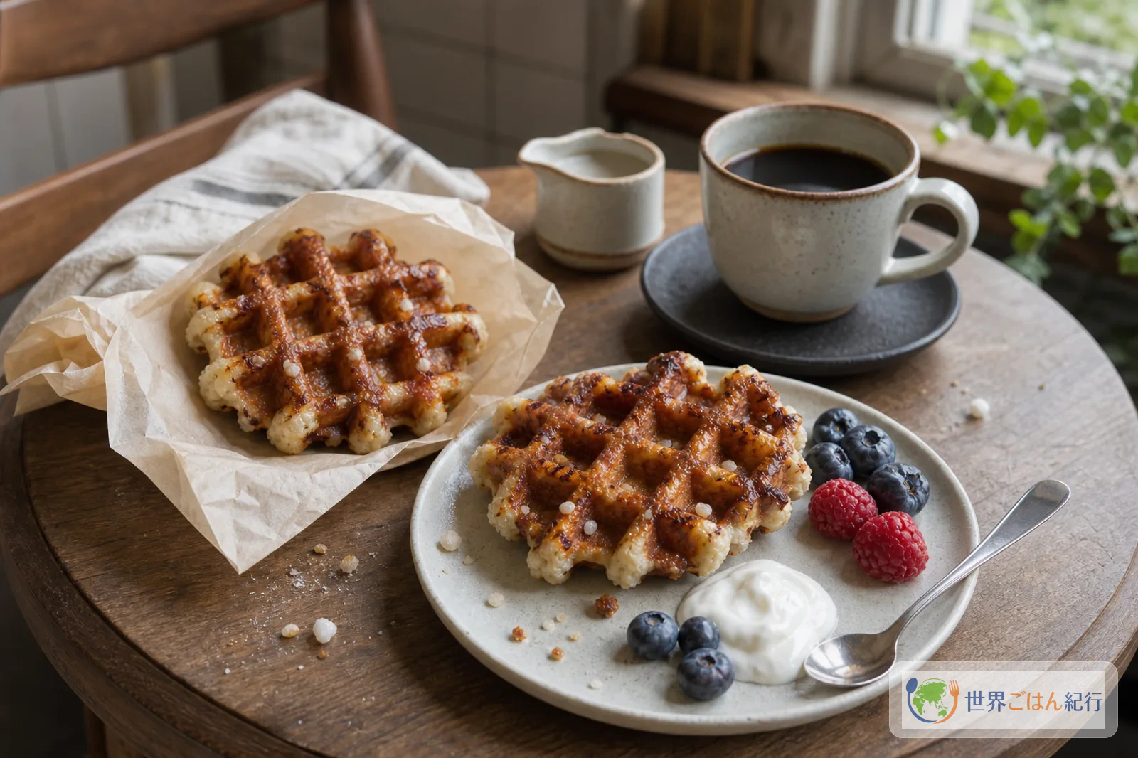 紙に包んだリエージュワッフルと皿にのせたワッフルをコーヒーと並べた食卓