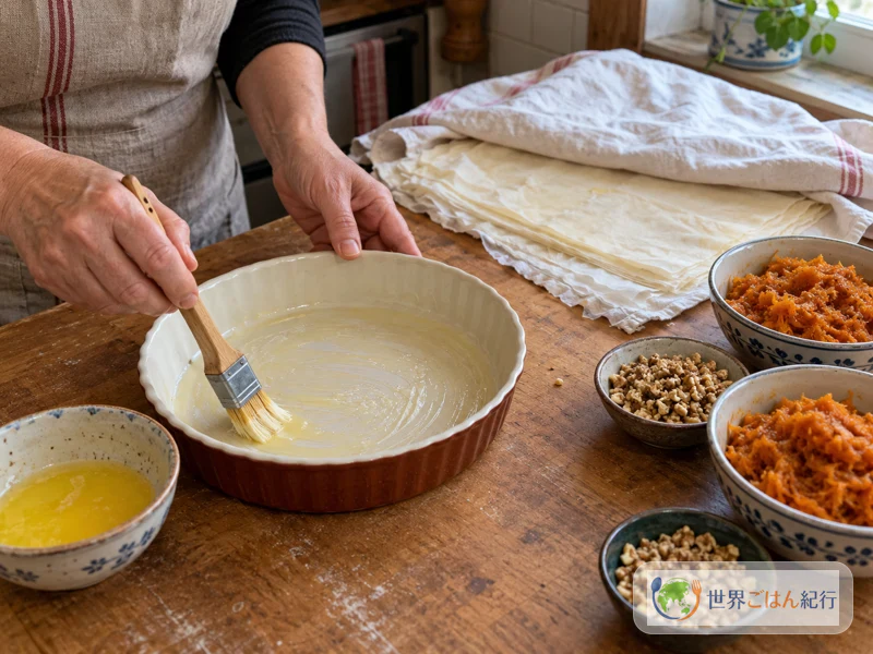 Untando a forma com manteiga e preparando o filo coberto e o recheio de abóbora frio