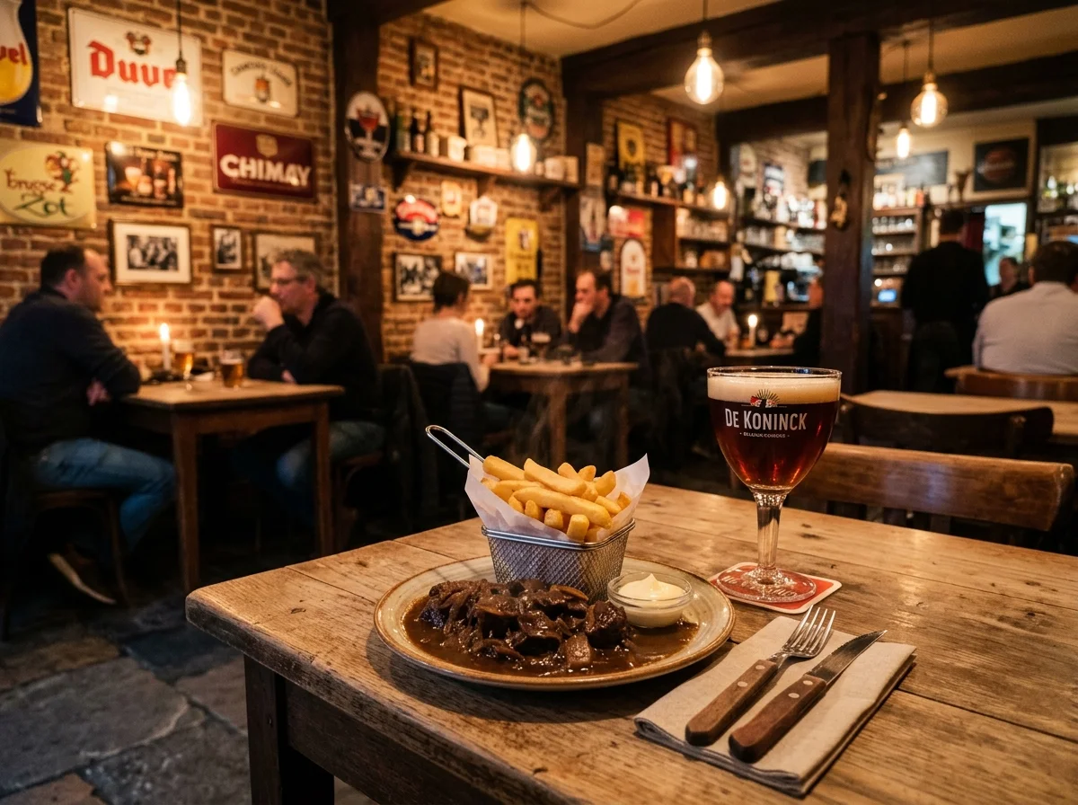 ベルギーのカフェでカルボナードとビールを楽しむ食卓の様子