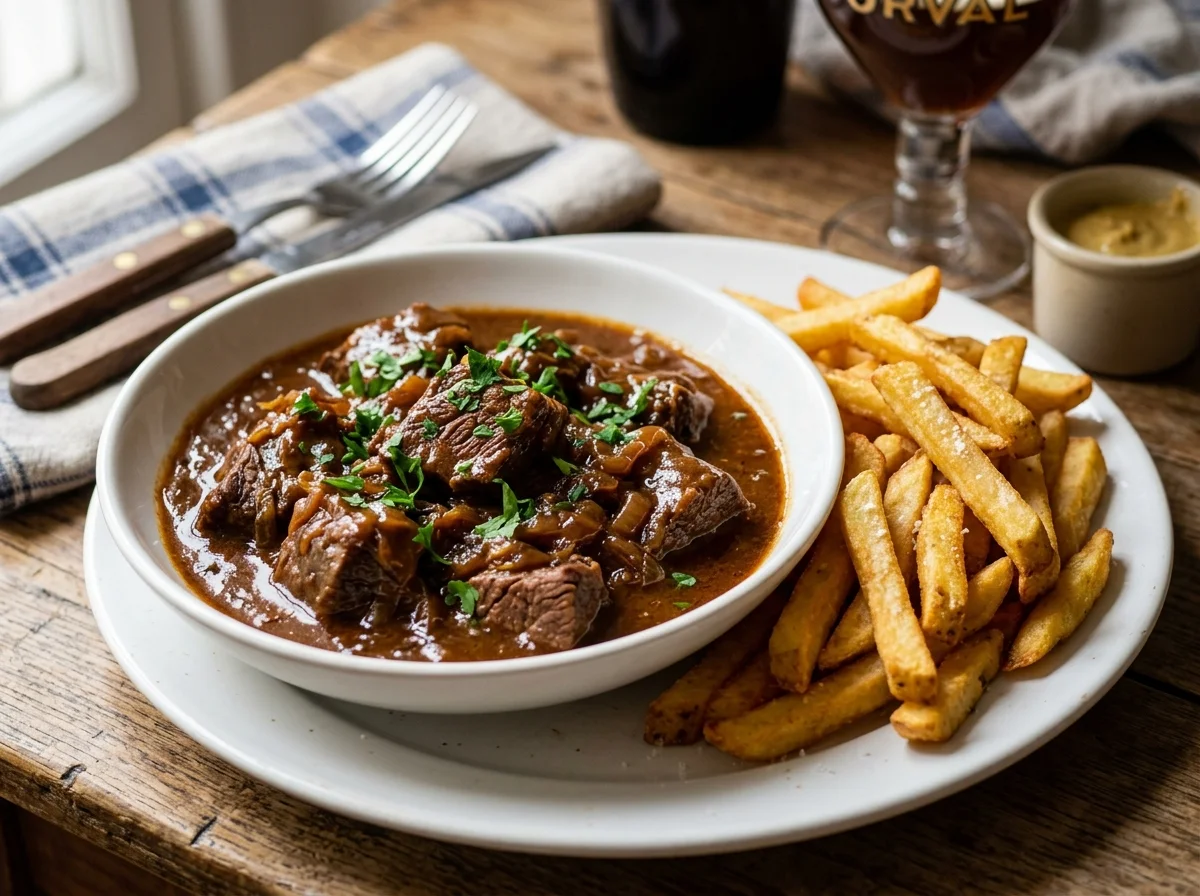 ベルギーのビール煮込みカルボナード・フラマンド。深い琥珀色のソースに包まれた柔らかい牛肉とフリッツ