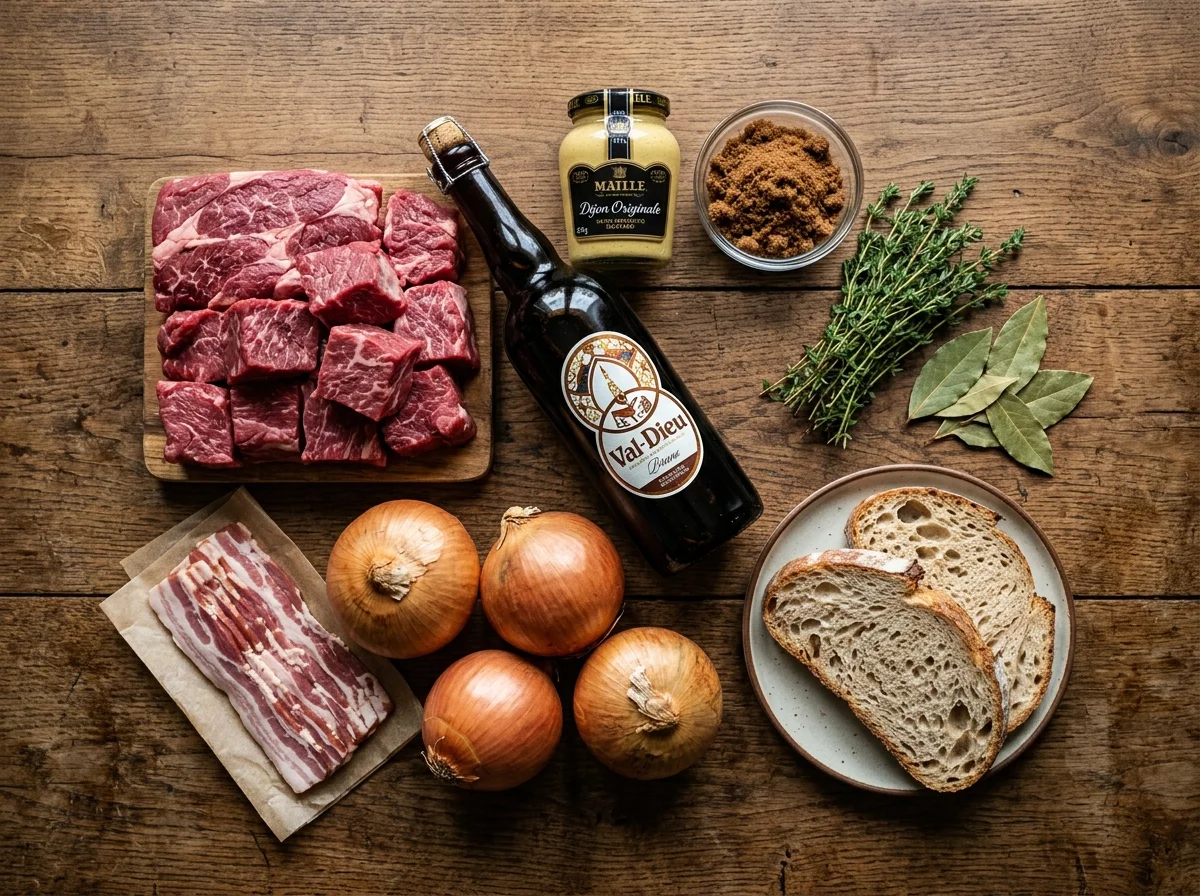 カルボナードの材料。牛肉ブロック、ベルギービール、玉ねぎ、ベーコン、マスタード、ブラウンシュガーが並ぶ