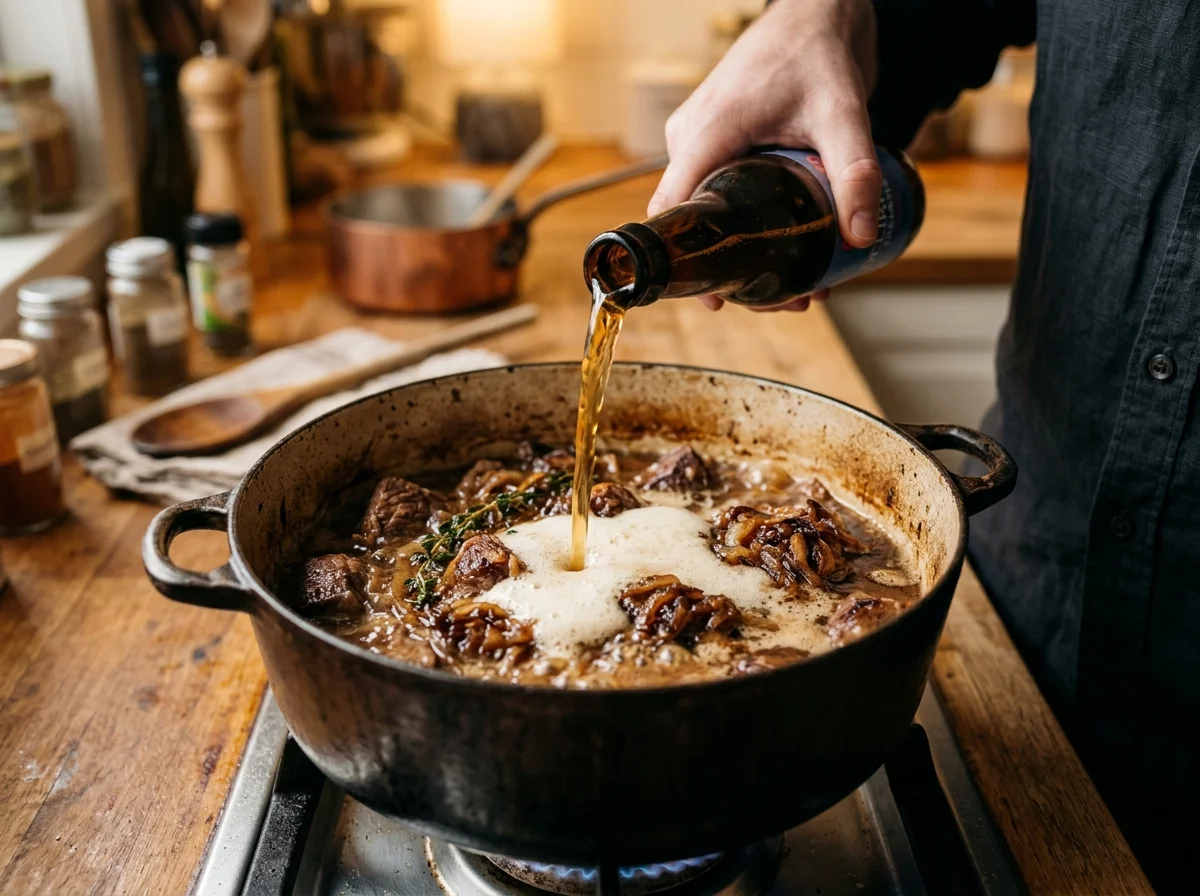 手順3: ビールで煮込み開始(10分+煮込み4時間)