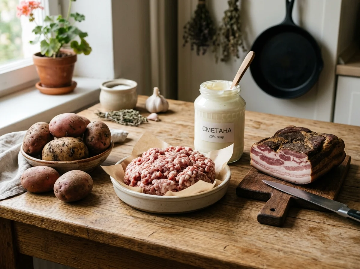 ツェペリナイの材料。じゃがいも、豚ひき肉、サワークリーム、ベーコンが並んでいる