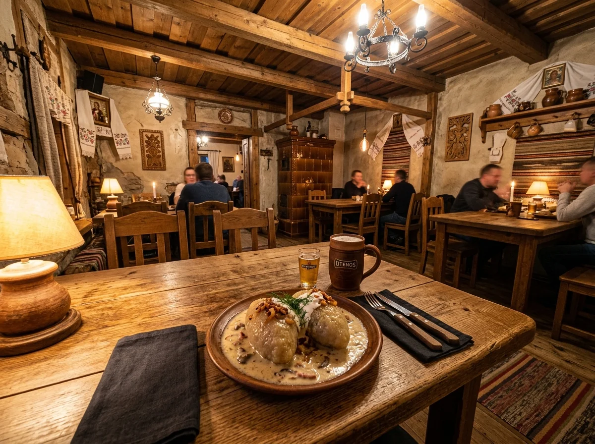 リトアニアの旧市街のレストランでツェペリナイを食べる風景