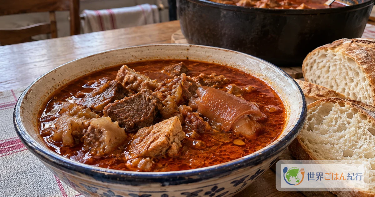 赤いパプリカのスープで煮込んだ牛肉と豚肉のチョバナツを深皿に盛り、パンを添えた食卓