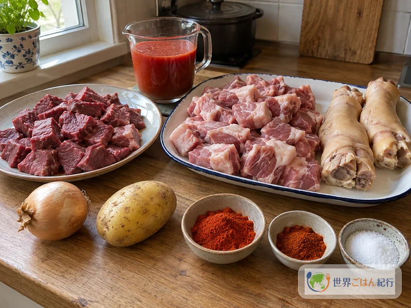 牛肉、豚肉、豚足、玉ねぎ、じゃがいも、トマトジュース、甘口と辛口のパプリカパウダーを並べた材料