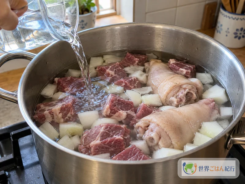 手順1: 玉ねぎと牛肉、豚足を水から煮る(約15分)