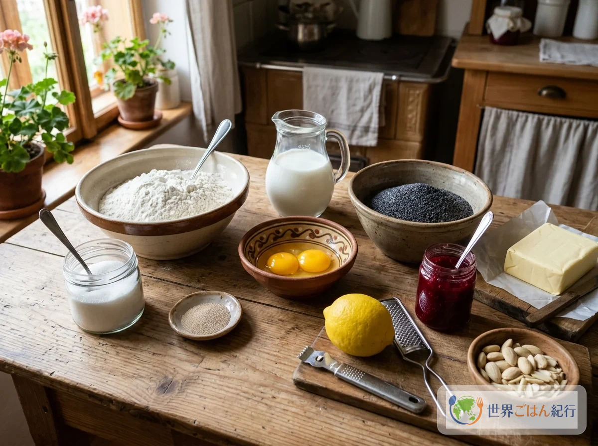 コラーチェに使う小麦粉、牛乳、卵黄、砂糖、ドライイースト、けしの実、レモン、ジャム、バター