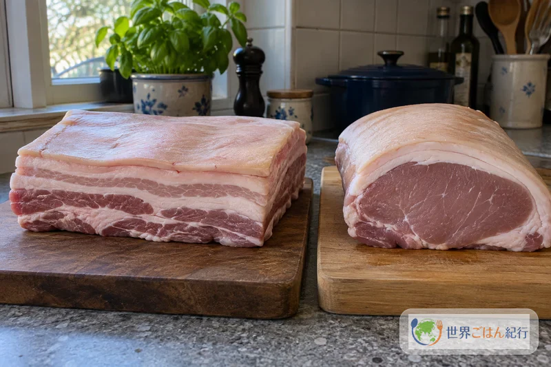 皮付きの豚バラ肉と、皮付きの豚ロース肉を並べて比べた様子