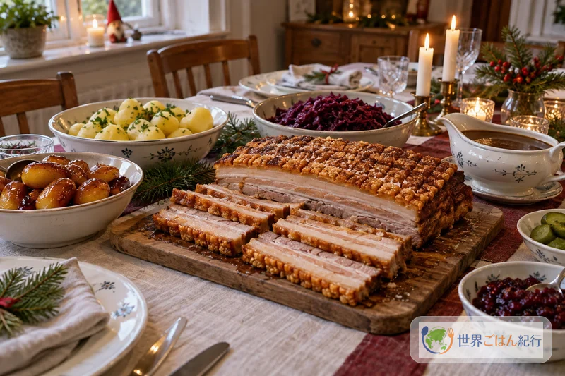 デンマークの家庭のクリスマスイブの食卓に置かれた、皮付きローストポークと赤キャベツ、じゃがいも