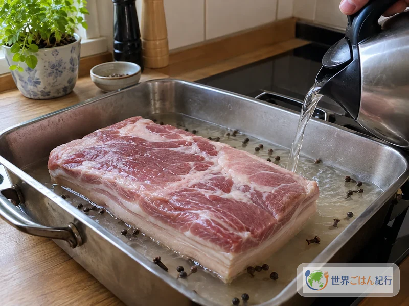 手順2: 皮を下にして湯に浸し、20分焼く
