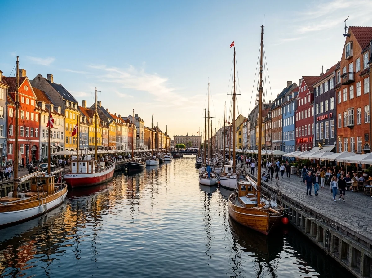 デンマーク・コペンハーゲンの運河沿いの街並み。カラフルな建物が並ぶニューハウン地区