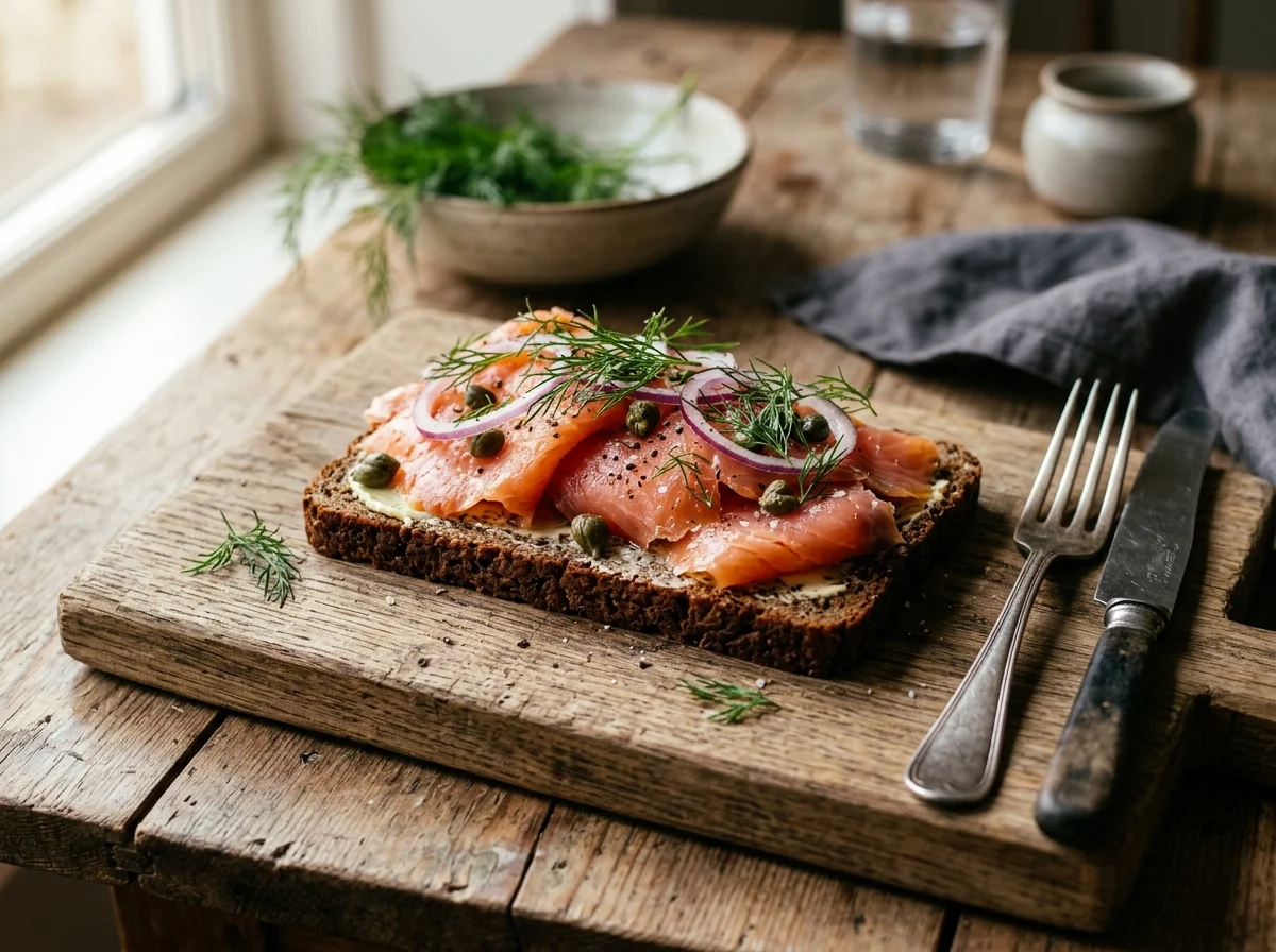 デンマークのスモーブロー。濃い色のライ麦パンの上にスモークサーモン、ディル、赤玉ねぎが美しく盛り付けられたオープンサンド