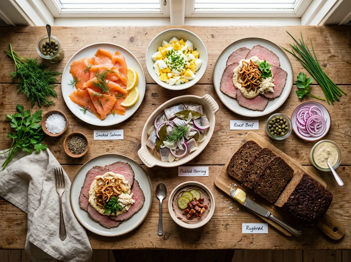 スモーブローの材料を並べた俯瞰写真。ライ麦パン、スモークサーモン、卵、ニシン、各種ハーブ