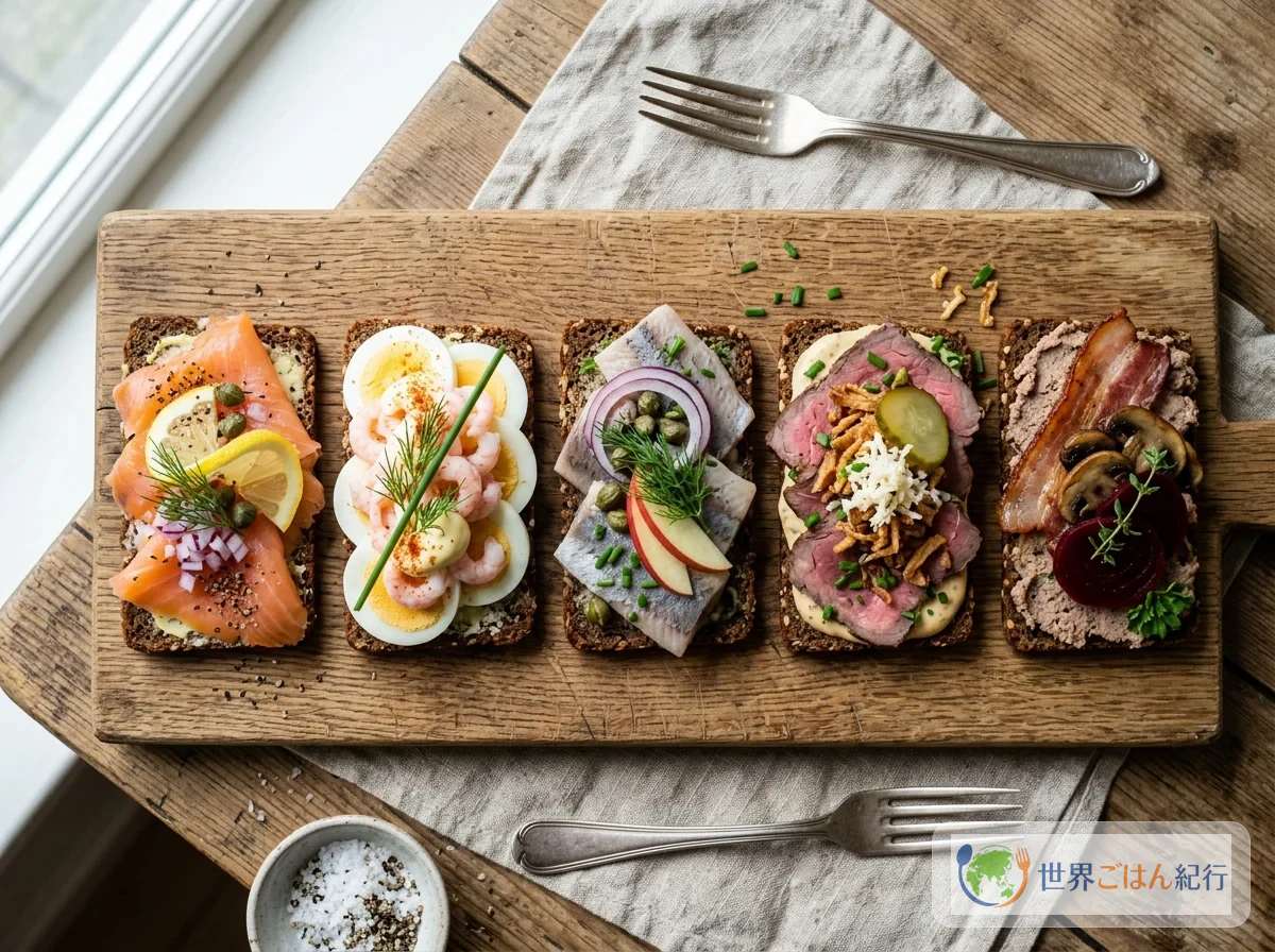 Von oben: die fünf fertigen Smørrebrød auf einem Holzbrett