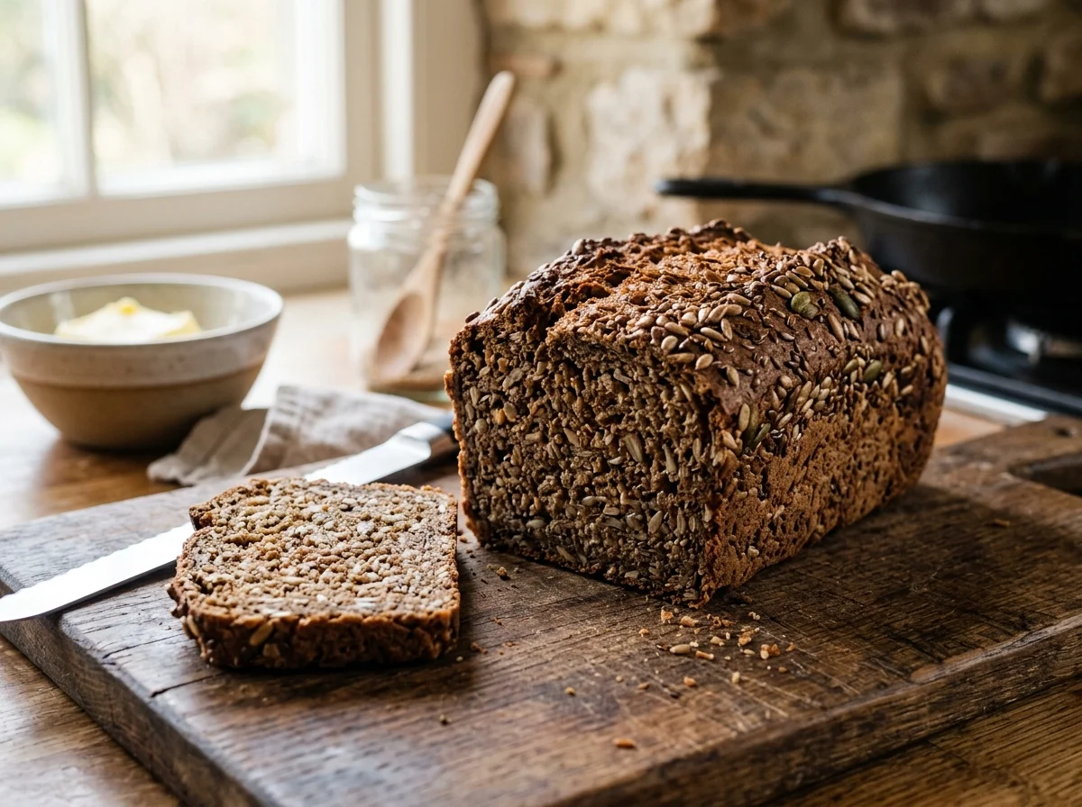 自家製ライ麦パンの焼き上がり。濃い茶色で密度の高いパン