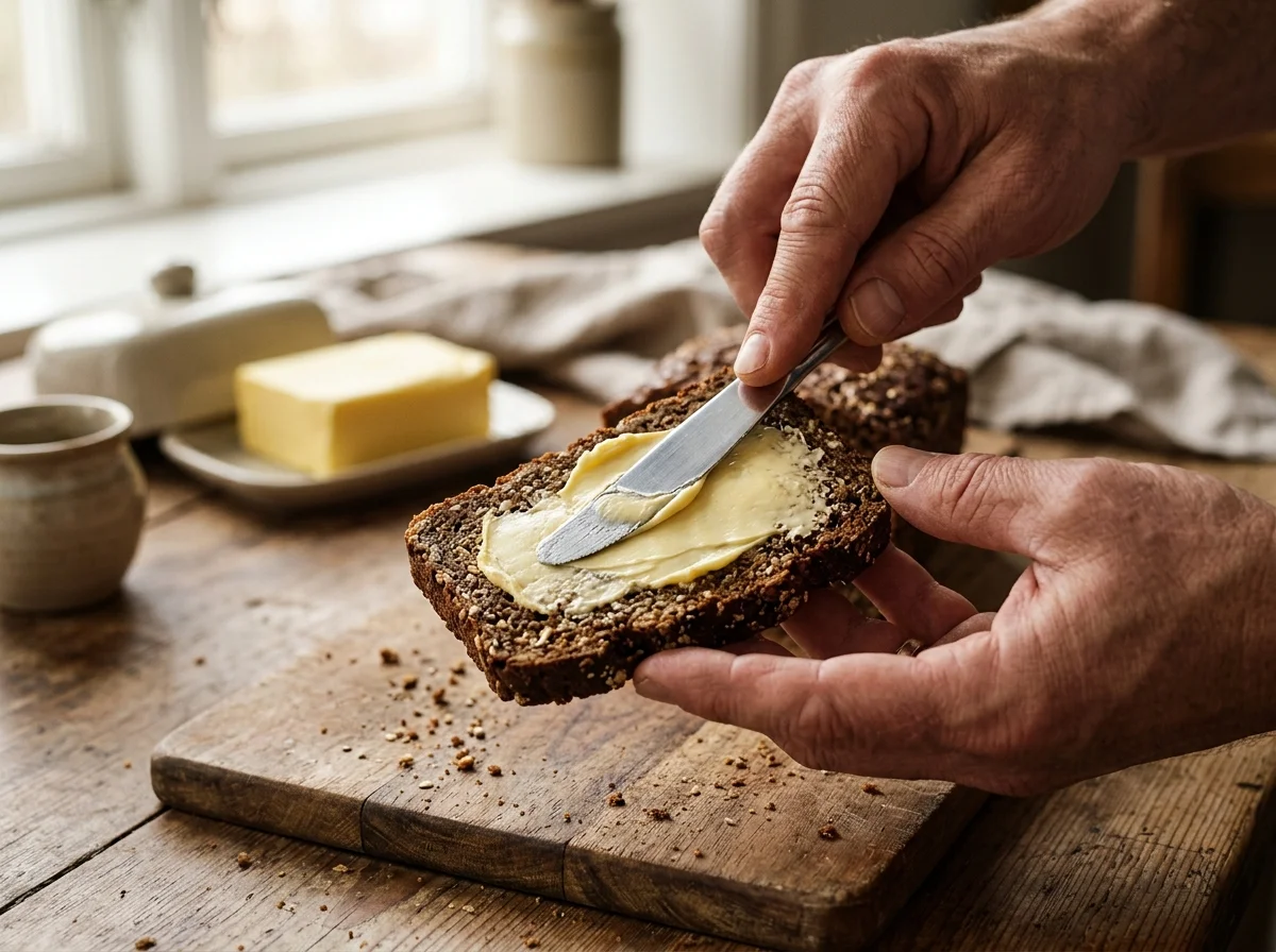 手順3: ライ麦パンにバターを塗る（5分）