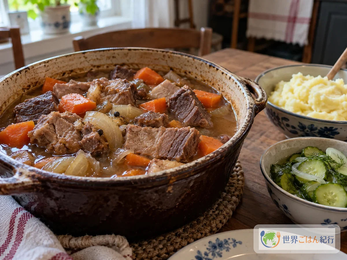 陶器の鍋で煮込んだ豚肉と牛肉のカルヤランパイスティに、マッシュポテトと漬物を添えた食卓
