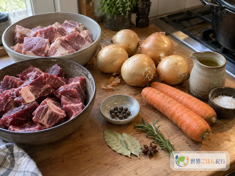 豚肩肉、牛すね肉、玉ねぎ、にんじん、オールスパイス、ローリエ、ローズマリーを並べた材料