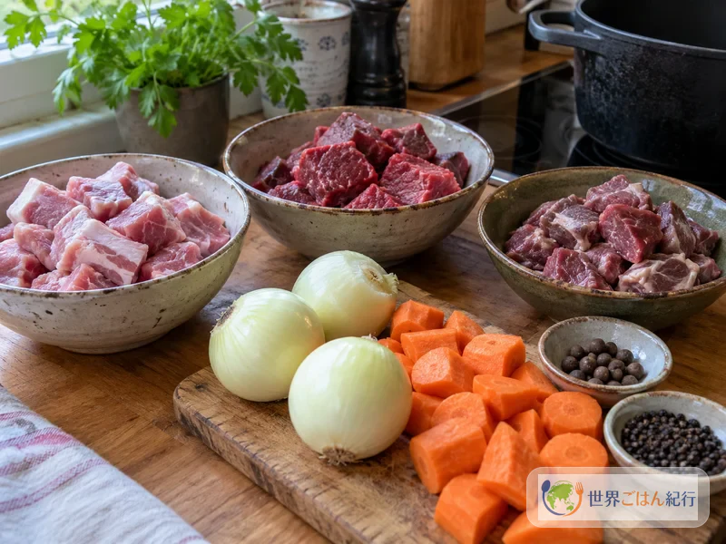 豚肉と牛肉、羊肉、根菜を合わせた煮込みの具材の違いを並べた様子