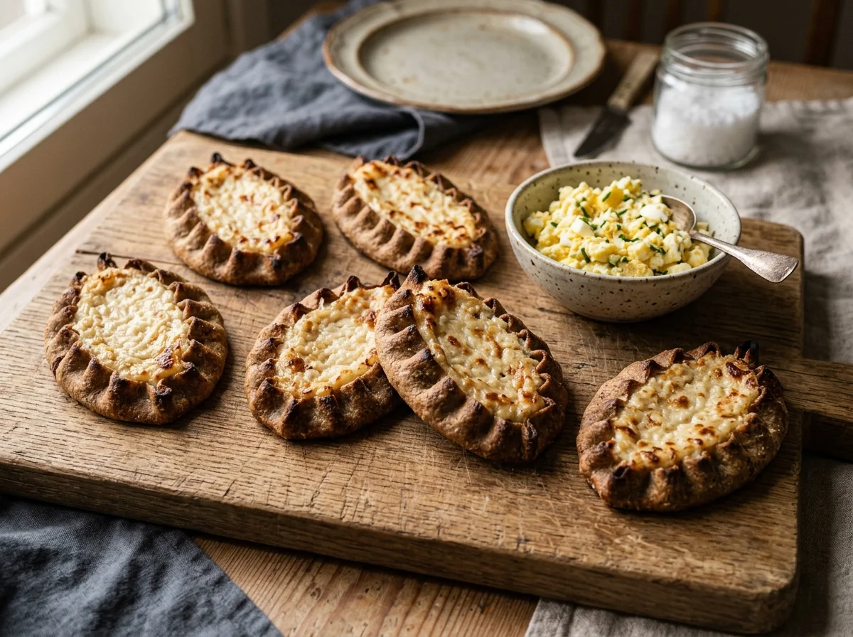 フィンランドの国民食カレリアンピーラッカ。ライ麦の薄皮に米粥を包んだ舟形のパイにムナヴォイ（卵バター）を添えて