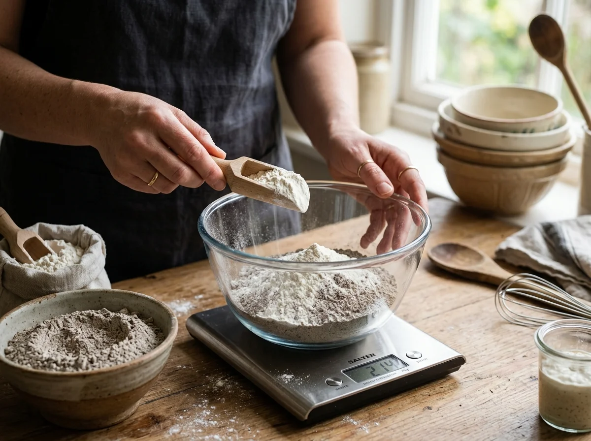 ライ麦粉と薄力粉を計量している様子