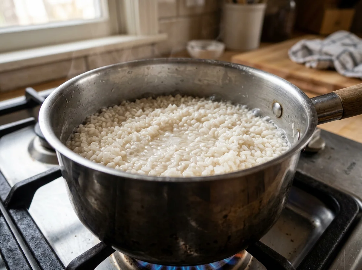 鍋で米を水で下茹でしている様子