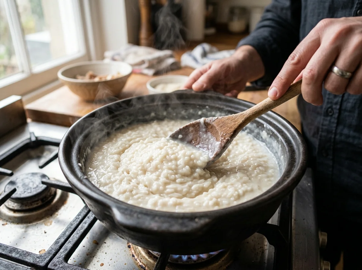 牛乳を加えて米粥を煮ている様子