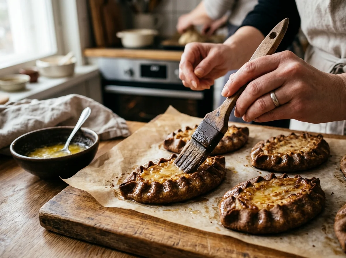 焼きたてのピーラッカに牛乳バターを塗っている様子
