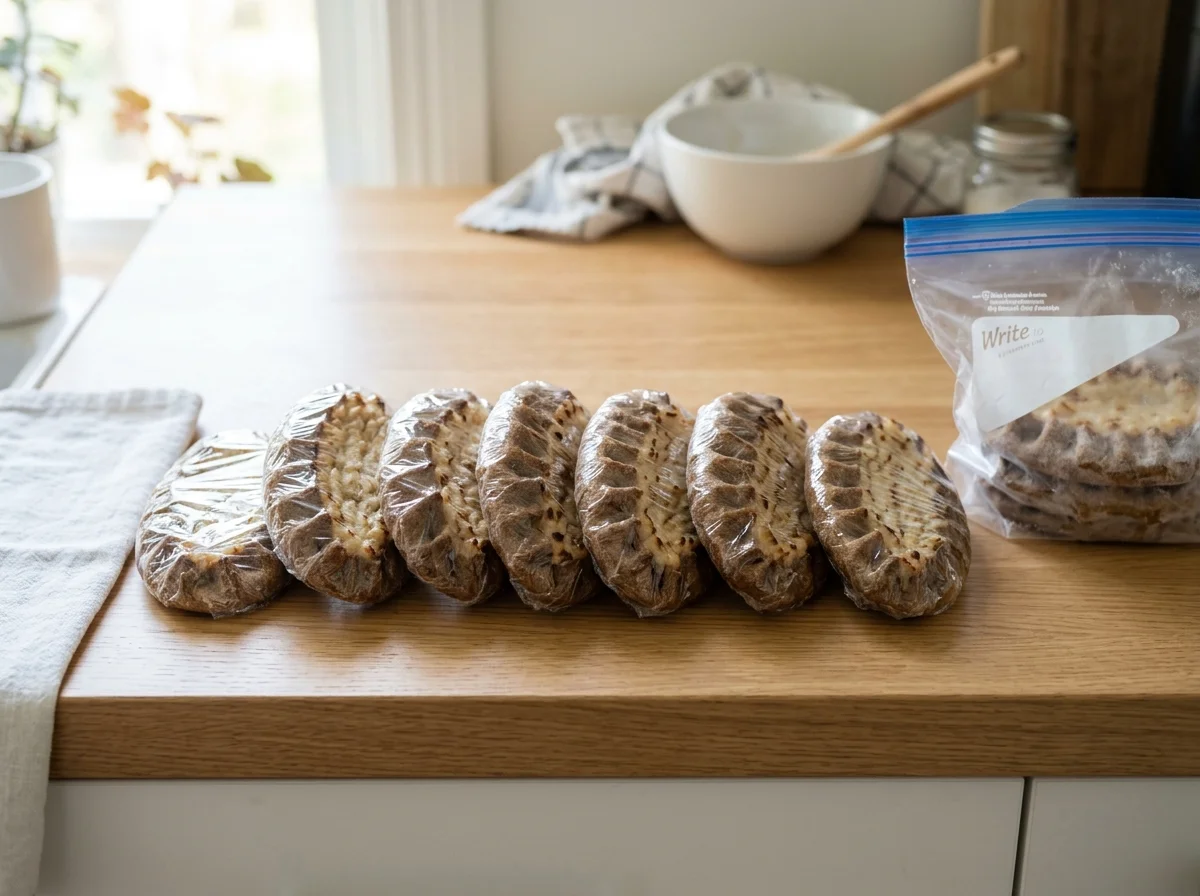 カレリアンピーラッカを冷凍保存用にラップで包んでいる様子