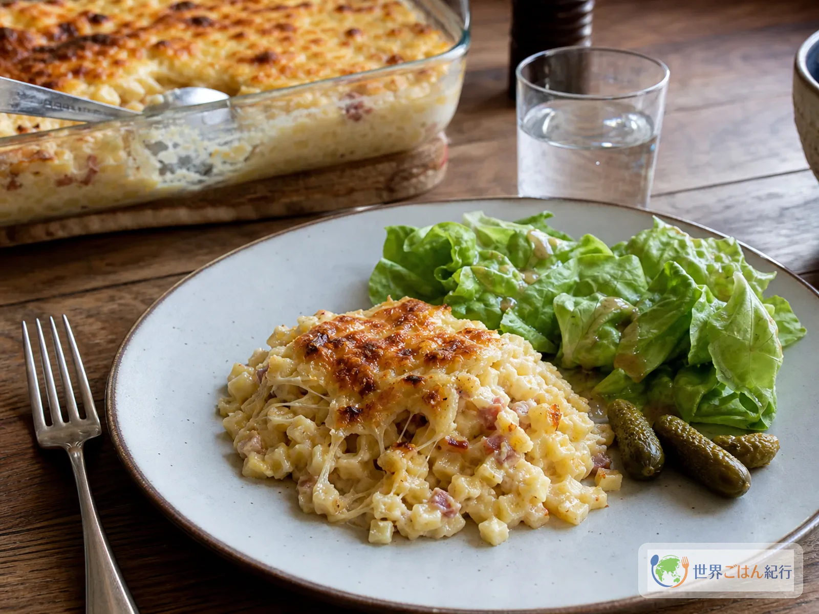 Crozets de Savoie served on a plate with salad and cornichons