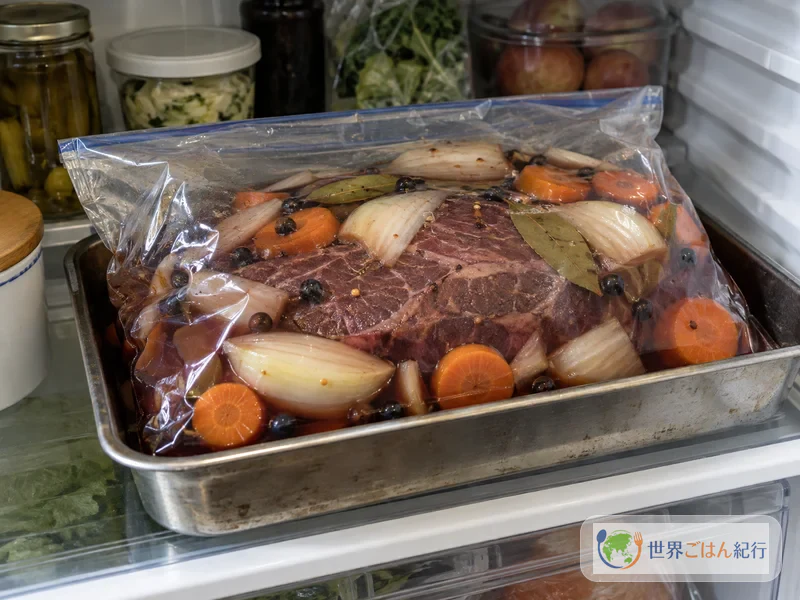 Saco com carne bovina marinando na geladeira, colocado sobre uma bandeja