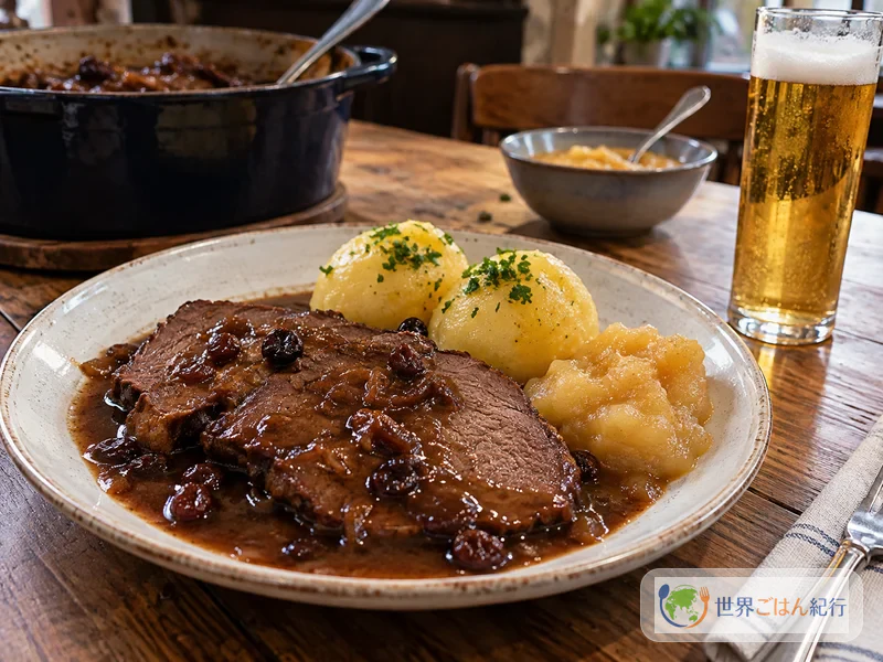 Mesa de madeira que lembra um Brauhaus de Colônia com Sauerbraten e uma Kölsch