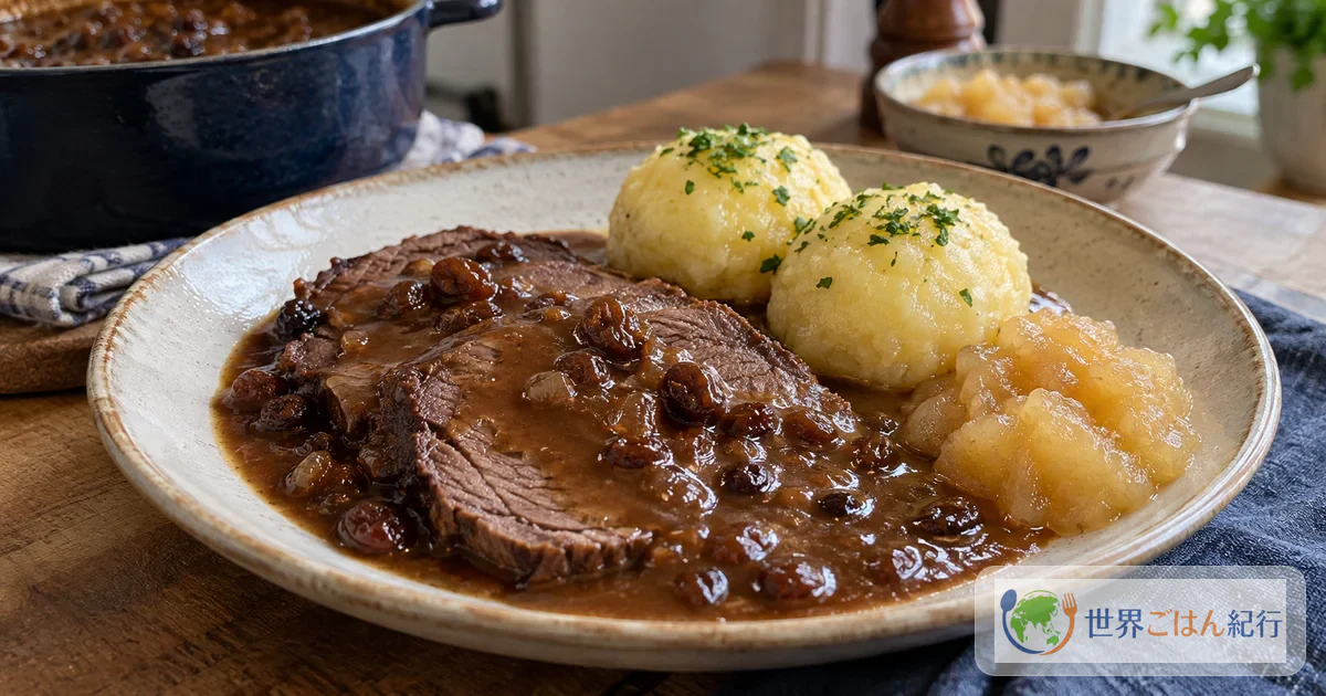 Thinly sliced sauerbraten with a brown raisin sauce, served with potato dumplings and applesauce
