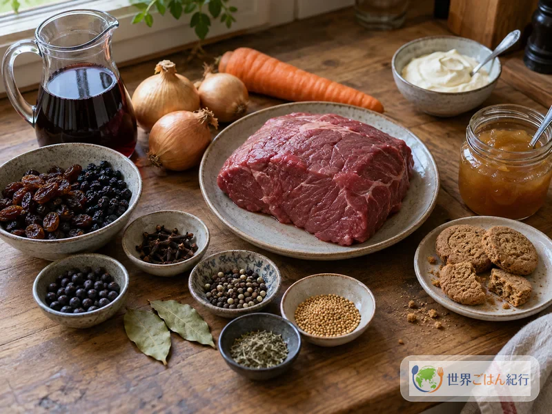 Peça de carne bovina, vinagre de vinho tinto, cebola, cenoura, uvas-passas, cravo, louro e bagas de zimbro para o Sauerbraten