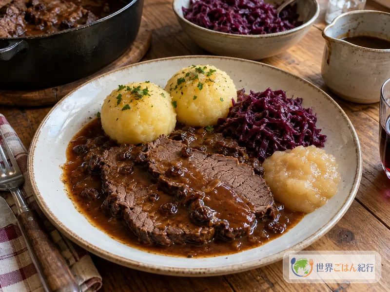 Prato de Sauerbraten com bolinhos de batata, purê de maçã e repolho-roxo refogado