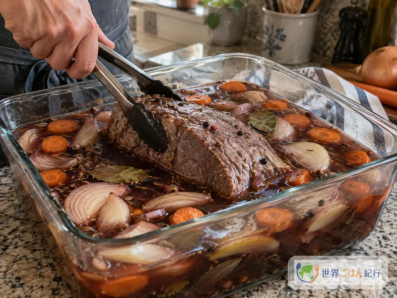 Vira-se uma peça de carne bovina submersa na marinada dentro de um recipiente