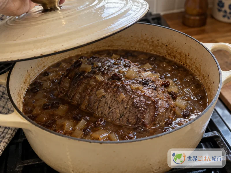 Uma panela com a tampa um pouco deslocada em que a carne cozinha suavemente na marinada e nas uvas-passas