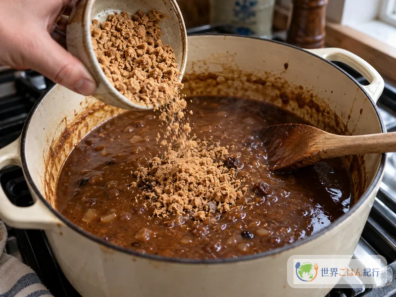 Engrossa-se o líquido marrom da panela com biscoito de gengibre esfarelado