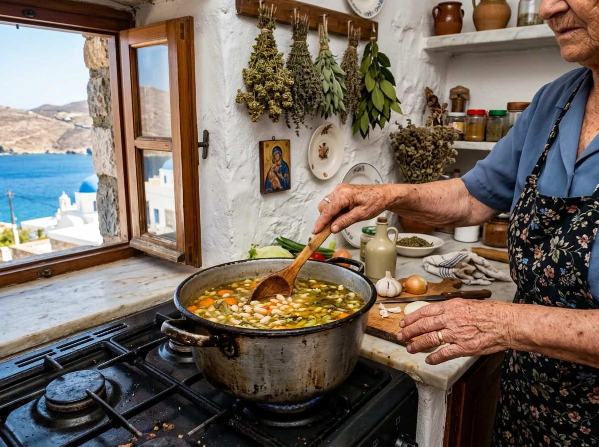 ギリシャの伝統的な台所で調理されるファソラーダ