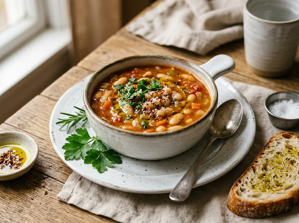 ギリシャの国民食ファソラーダ。白いんげん豆のスープが土色の器に盛られ、オリーブオイルが回しかけられている