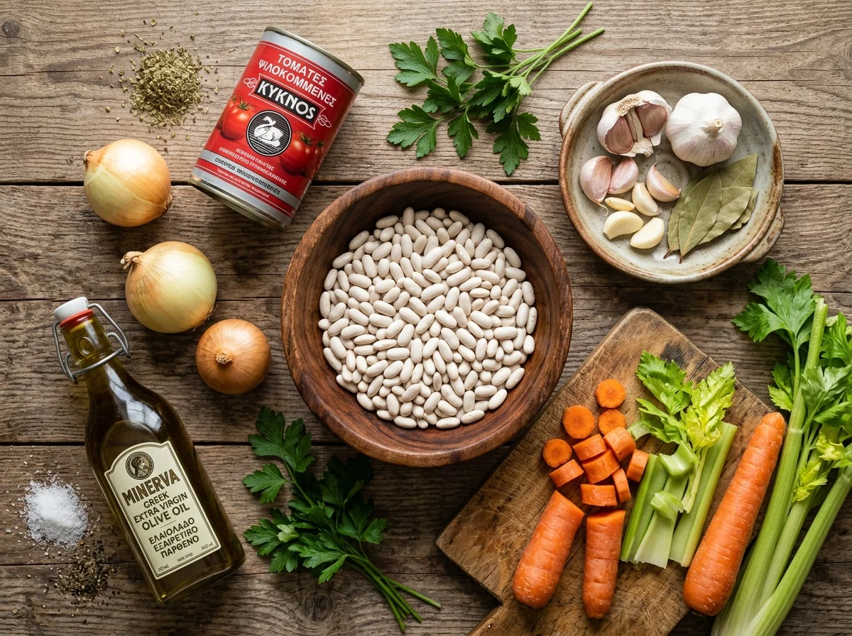 ファソラーダの材料。乾燥白いんげん豆、トマト缶、オリーブオイル、玉ねぎ、にんじん、セロリ