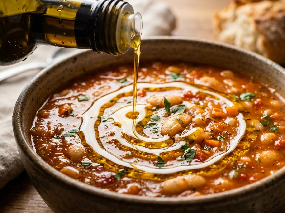 ファソラーダの上にオリーブオイルが回しかけられているアップ写真