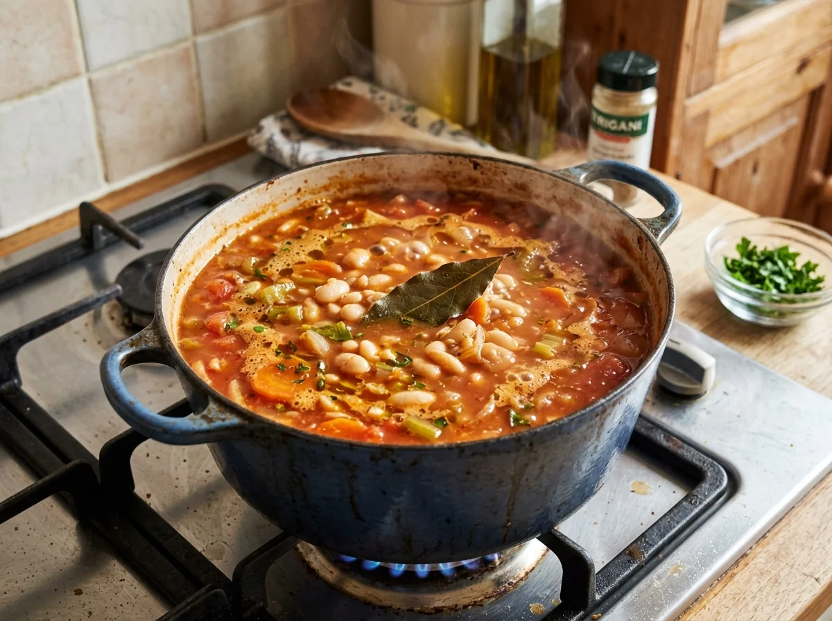 手順4: トマトと豆を加えて煮込む(1時間〜1時間30分)