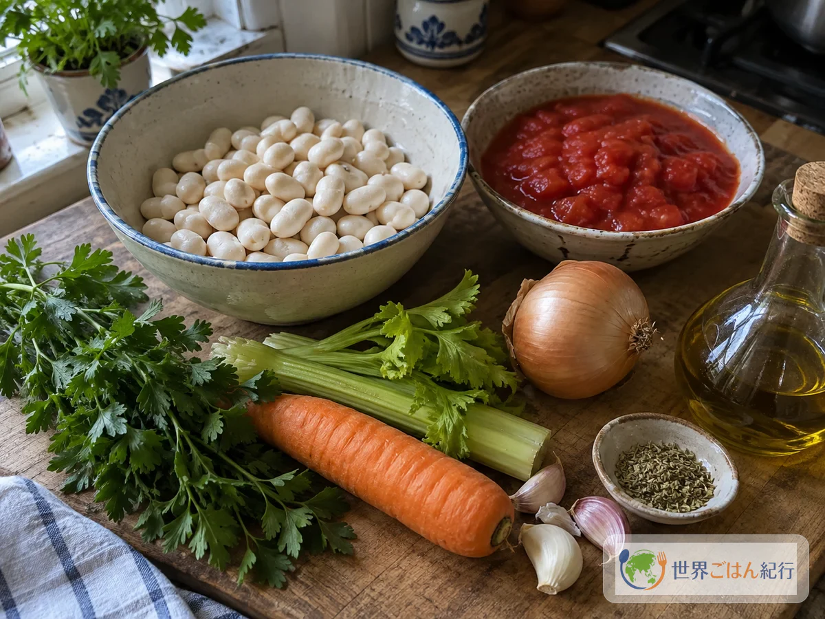 Feijões brancos, tomate, ervas, cebola e demais ingredientes dos gigantes plaki