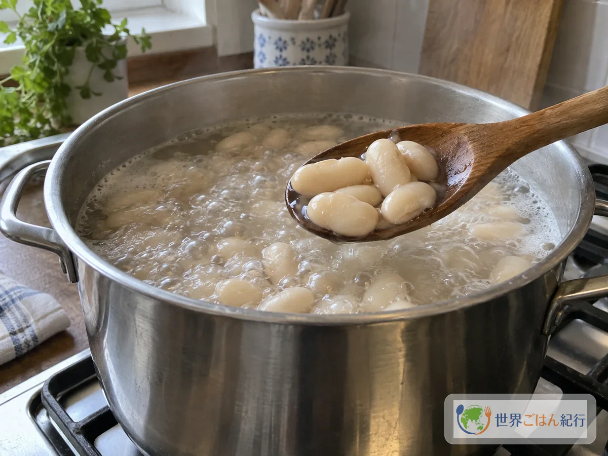 Cozinhando previamente feijões brancos numa panela com água nova