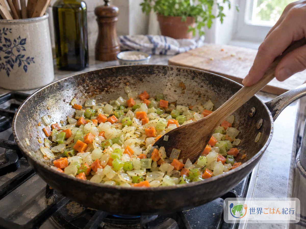 Refogando cebola, cenoura e aipo em azeite de oliva