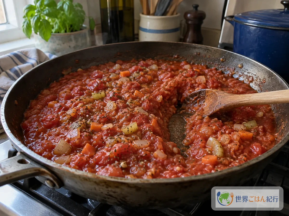 Cozinhando o molho de tomate com legumes aromáticos e orégano